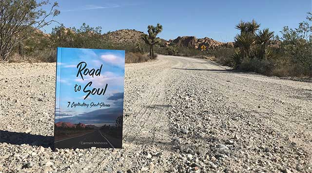 Road to Soul book standing up on a dirt road.